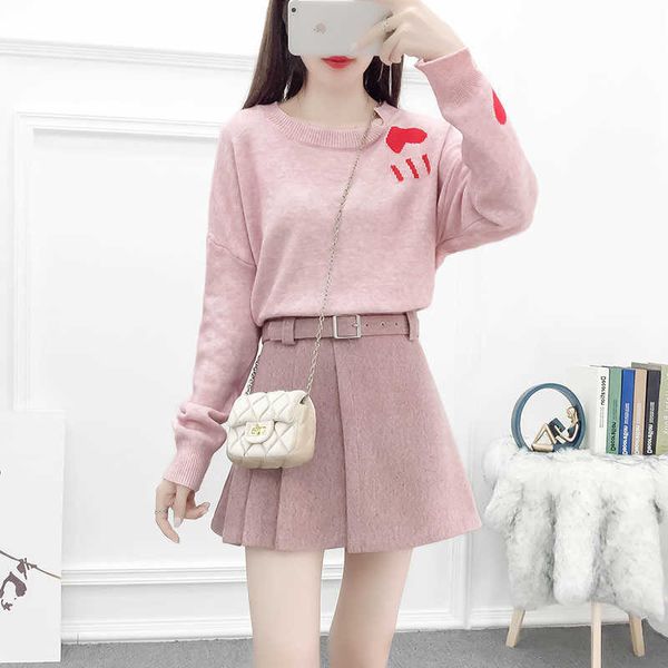 Outono inverno 2 peça terno conjunto solto coração pulôver camisola + rosa cintura alta saia de lã com faixa mulheres roupas casuais 210529