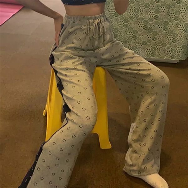 

fashionable pants 2021 spring ins smiley face print drawstring loose zipper straight casual, Black;white