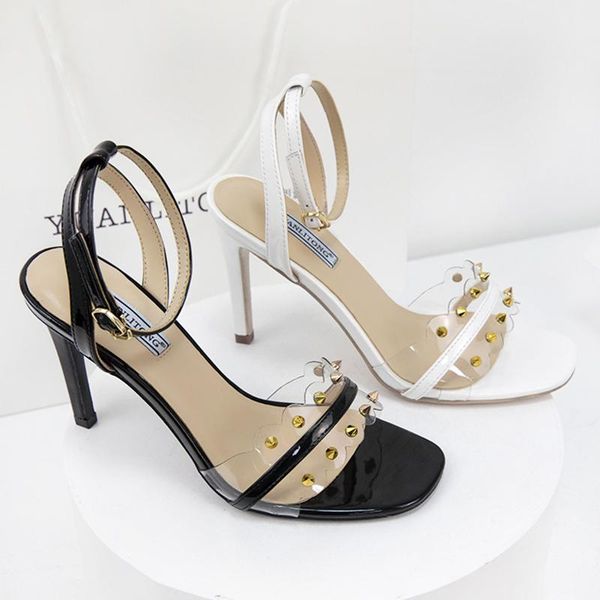

femme transparent band studded sandals brief open toe slip-ons buckle high heel pumps sandales summer women shoes european sexy, Black