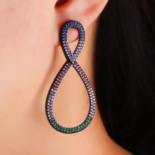 

stud eyika luxury design pave rainbow color zircon 8 shape large drop earrings for women girl geometric hollow fashion party jewelry, Golden;silver