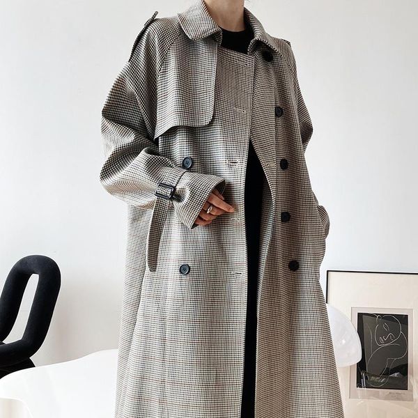 

women's trench coats 2021 autumn winter women long coat elegant plaid jacket fashion double breasted loose windbreaker casual outwear, Tan;black