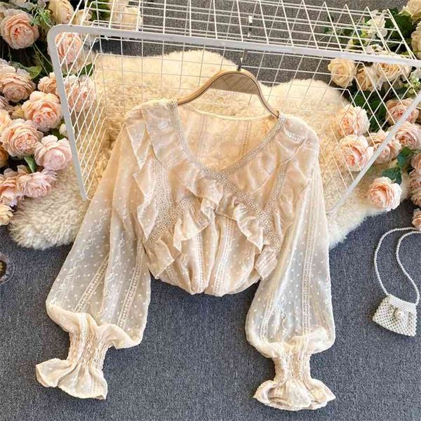

women fashion wooden ear v neck embroidered long sleeve chiffon shirt lady dot print elegant blouse clothes q889 210527, White