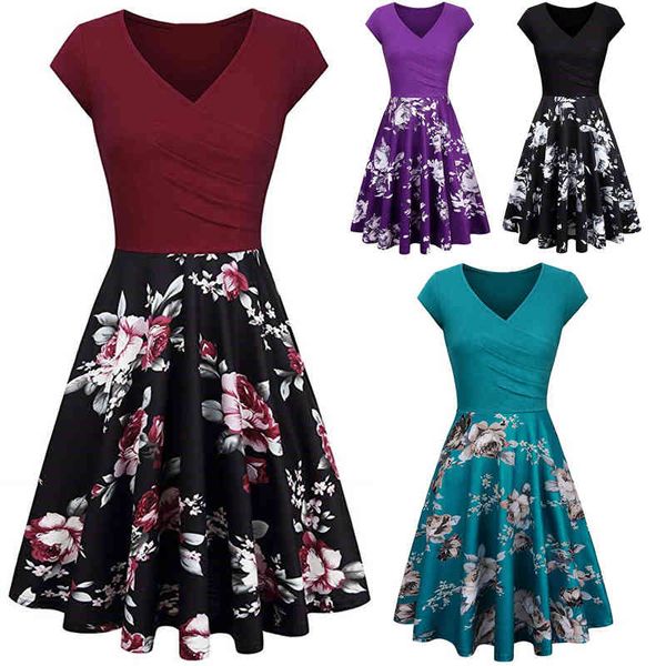 Plus Größe S-4XL Sommer Frauen Kleider Blumendruck 50er 60er Vintage Rockabilly Kleid Casual Dot A-Line Retro Kleid Weibliche Vestidos 210507