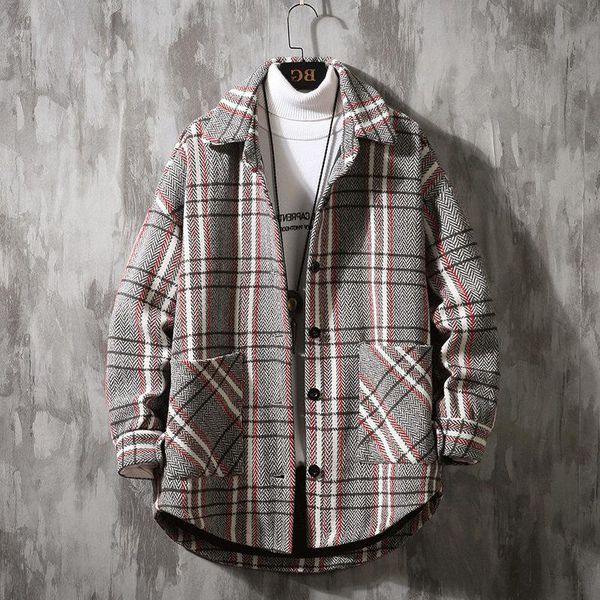 

men's casual shirts trendy brand woolen plaid shirt jacket spring and autumn retro loose harajuku clothing korean clothes, White;black