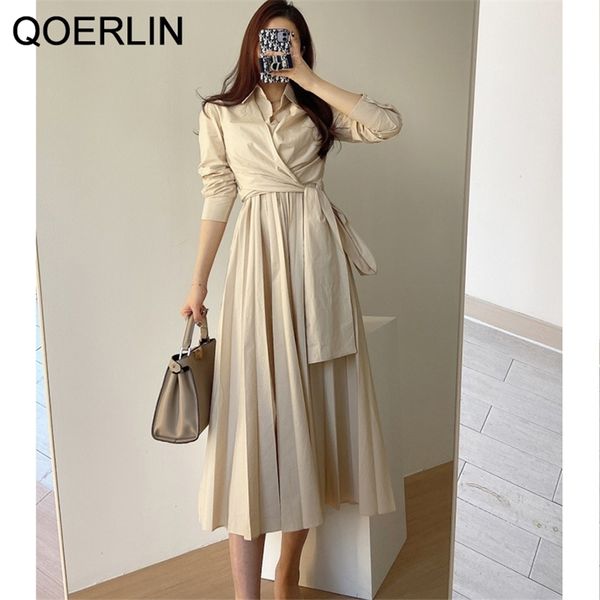 Minimalistisches französisches elegantes Schnürkleid in mittlerer Länge für Frauen, weiße Plissee-Kleider, lange Ärmel, A-Linie, Hemden, Vestidos Mujer 210601