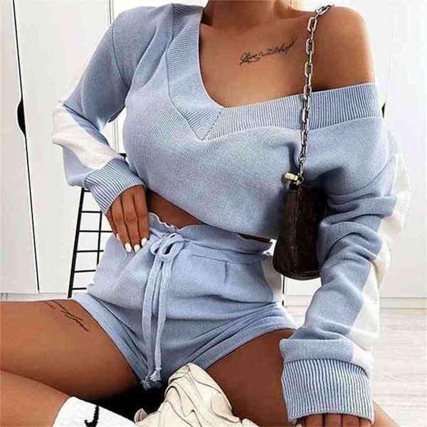 

tracksuit women autumn winter women's contrasting color long sleeve v-neck high waist shorts casual suit women 2 piece set 210508, White
