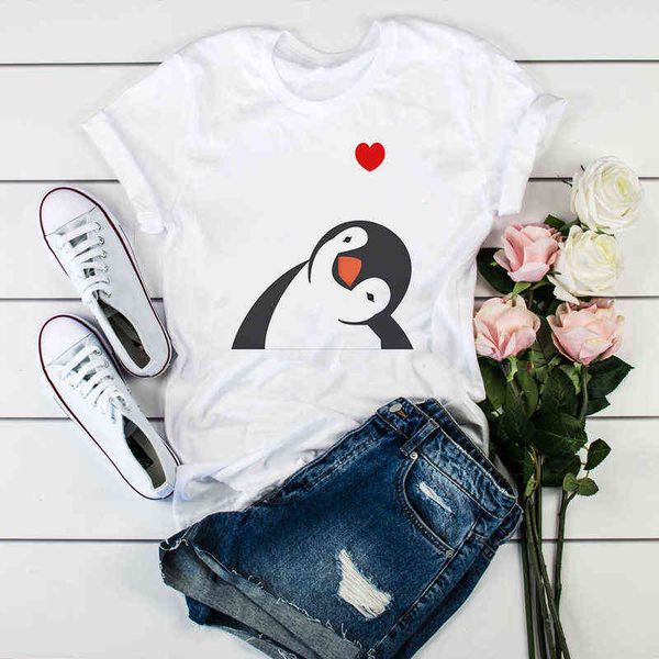 Pinguim camiseta impressa engraçado tshirt bonito dos desenhos animados camiseta para as mulheres Verão das mangas curtas Mulheres da roupa das mulheres G220310