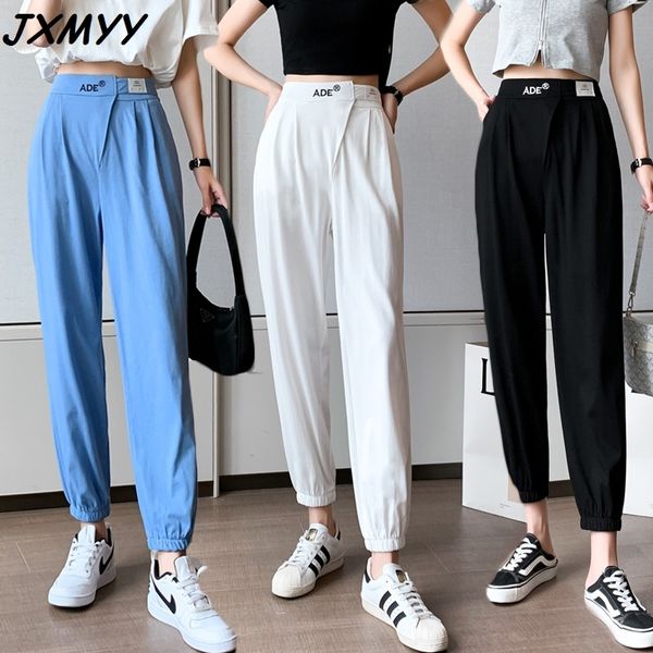 

spring and summer net red with the same embroidery letters casual women's loose high-waist sports harem pants 210412, Black;white