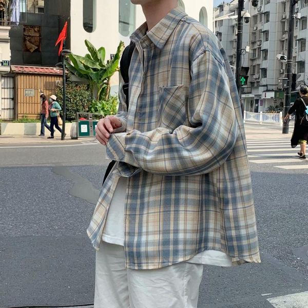 

youth hong kong style literary plaid shirt male long-sleeved spring casual korean retro chic handsome jacket men's shirts, White;black