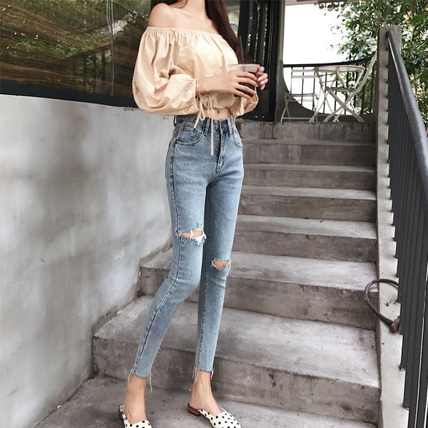 

2021 winter two girls buttons torn high-waisted thin pencil women's jeans stretch long pants, Blue