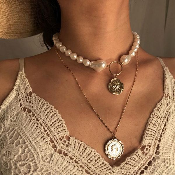

multi-layer three-dimensional temperament necklace female special-shaped pearl retro portrait embossed pendant necklaces, Silver