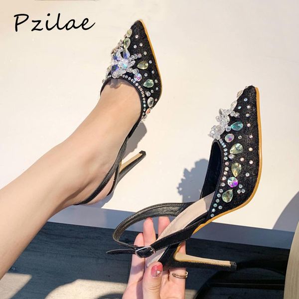 

dress shoes pzilae 2021 women wedding party ladies pointed toe slingbacks stiletto heels pumps rhinestone mesh latest for, Black