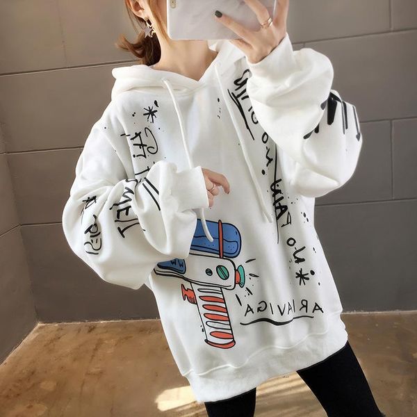 

women's hoodies & sweatshirts qrwr 2021 autumn winter korean hooded casual cartoon printing mid length loose fleece oversized sweatshir, Black