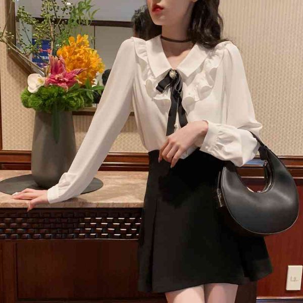 

women's blouses & shirts french vintage blouse and women casual long sleeve preppy style pure color lady korean fashion y2k c, White
