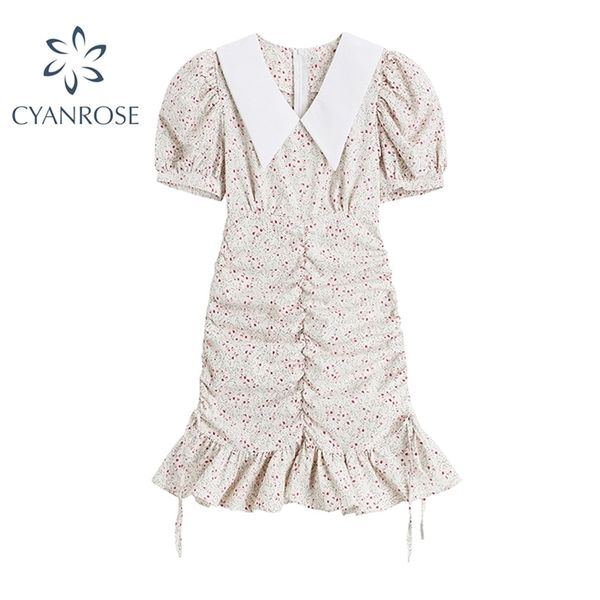 

stylish floral print dresses women summer sweet shirring ruffles high waist vestiods female puff short sleeve slim clothing 210515, Black;gray