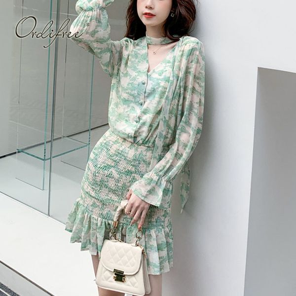 

summer women chiffon mini long sleeve vintage floral print short tunic beach dress 210415, Black;gray