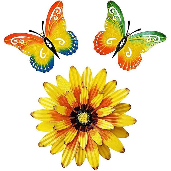 

decorative objects & figurines set of 3 metal butterfly and flower wall decor outdoor art, sculptures for home garden yard fence porch tree