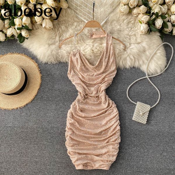 

women chain halter short dress summer design korean slim bodycon sleeveless backless sequin party es 210512, Black;gray