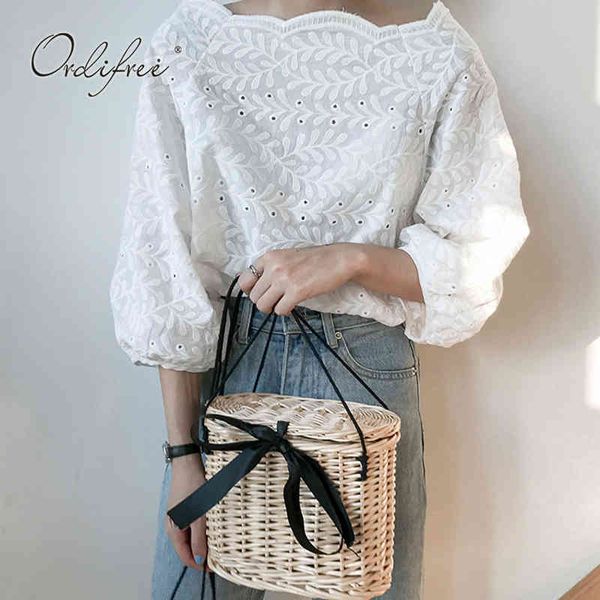 

summer women embroidery casual cotton white lace blouse shirt 210415