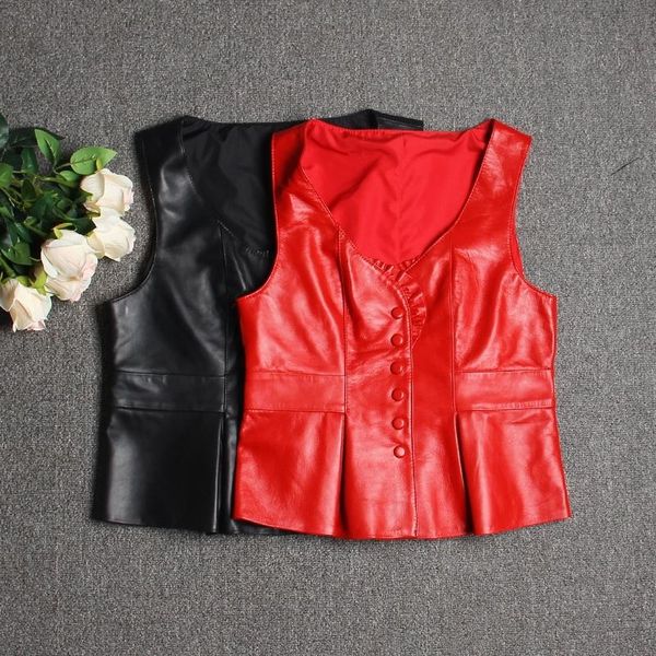

women's leather & faux 2021 women sheepskin sleeveless vest genuine single breasted v-neck jacket ladies real waistcoats female, Black