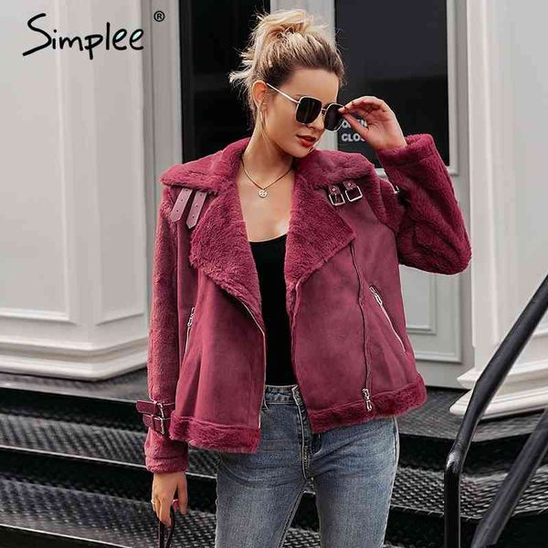 

faux leather lamb fur women moto zipper suede jacket female overcoat casual turn-down winter coat 210414, Black