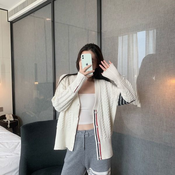 

college stripe t-shirt autumn new classic tb twist cardigan women's comfortable loose coat top, White;black