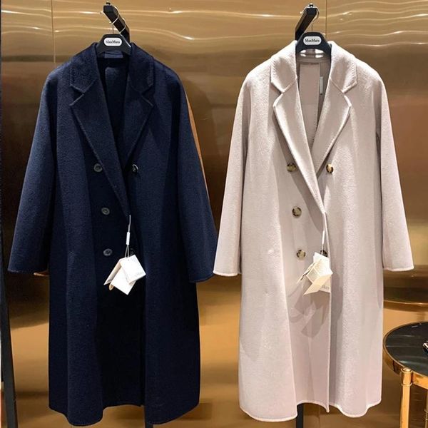 

women's wool & blends high-end cashmere coat ladies winter long beige slim-fit belt autumn navy blue double-breasted hand-stitched, Black