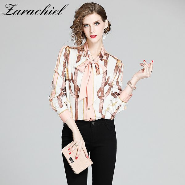 Büro Damen Kette Print Rosa Bluse und Frühling Herbst Tops Mode Frauen Langarm Bogen Kragen Elegantes Hemd Top 210416