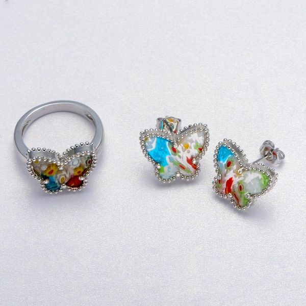 

earrings & necklace riverstone lady butterfly murano glass handmade millefiori ring and earring set rhodium plated multicolor cluster flow, Silver