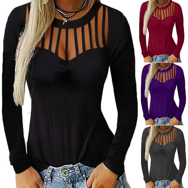 

european american cross-border women's autumn winter style hollow long-sleeved t-shirt women solidfashion, White