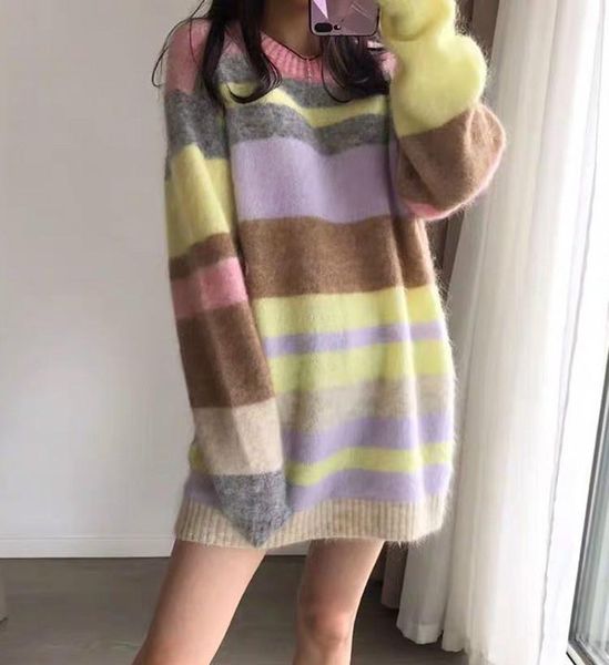 

autumn winter mohair rainbow color matching sweater women loose fashion lazy striped women's sweaters, White;black