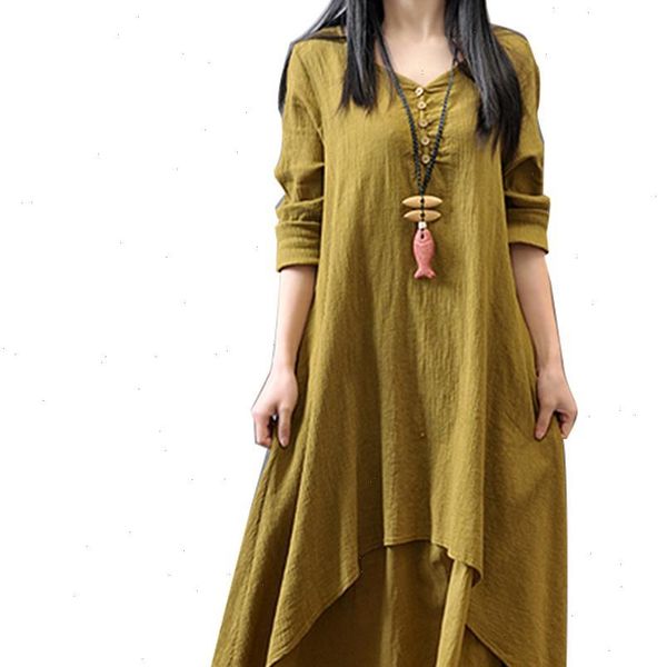 

cotton linen asymmetric large womens dress swing button loose long sleeve maxi summer solid, Black;gray