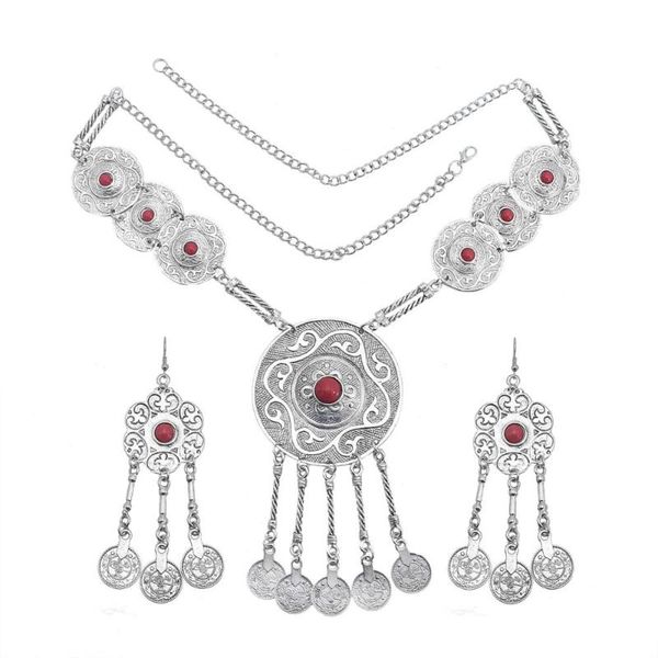 

earrings & necklace gypsy vintage women red blue stone pendant earring sets coin tassel statement bohemian tribal party jewelry set, Silver