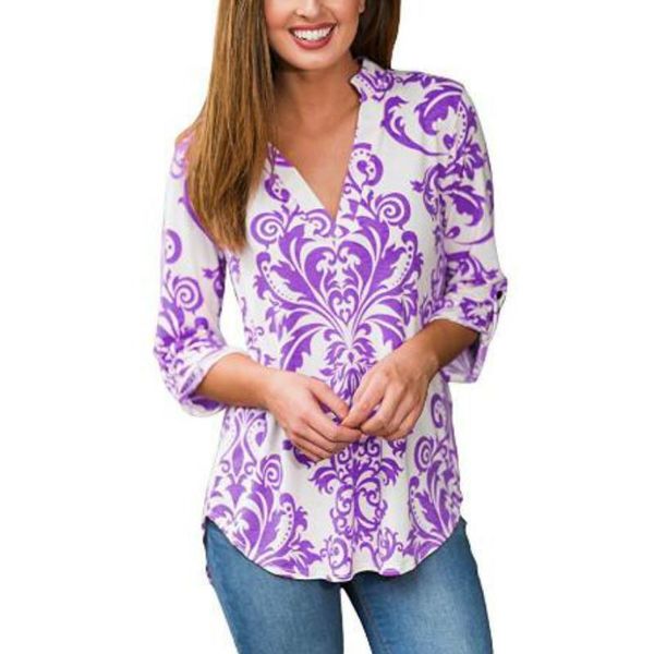 

women's t-shirt zoulv 2021 women autumn three quarter sleeve floral print t -shirt female casual loose tee size striped v neck pink shi, White