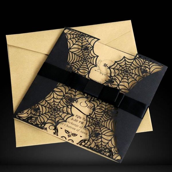 

greeting cards 10pcs creative cut invitations hollow horror party spiderweb design with bowknots (black)