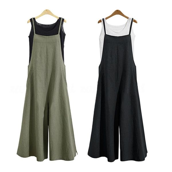 

women's jumpsuits & rompers 2pcs women casual solid spaghetti straps wide leg pants pockets loose bib cotton linen xxl - black green, Black;white