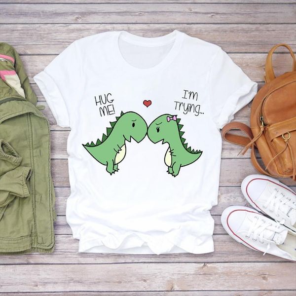 

cartoon dinosaur love cute womens t shirts fashion casual 90s print graphic shirt ladies female tee, White