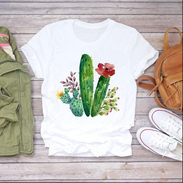 

floral plant cartoon fashion womens cactus printed 90s graphic tee, White