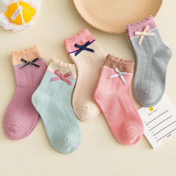 

socks 5 pairs/lot spring and autumn girls princess candy colors toddler baby bow cotton breathable skarpetki dla dzieci, Pink;yellow