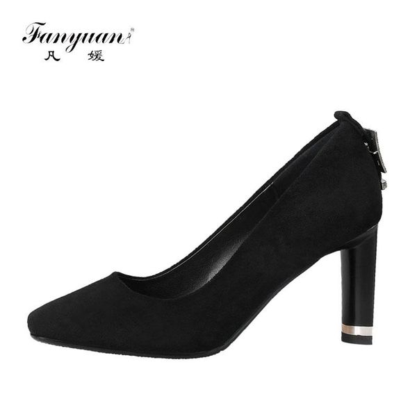 

dress shoes fanyuan fashion crystal buckle square toe pumps spring slip-on high heels women elegant solid flock wedding party, Black