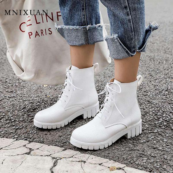 

boots mnixuan women shoes 2021 winter round toe block heel lace up platform white black booties big size34-43
