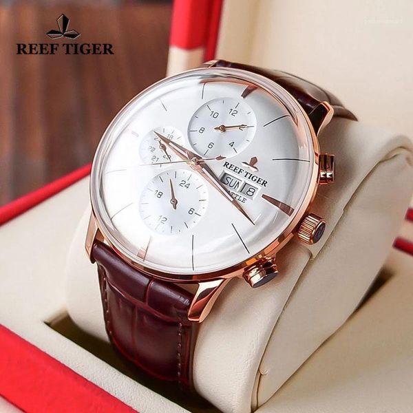 

reef tiger/rt 2021 automatic watch leather strap multi function rose gold fashion mechanical watches wristwatches, Slivery;brown