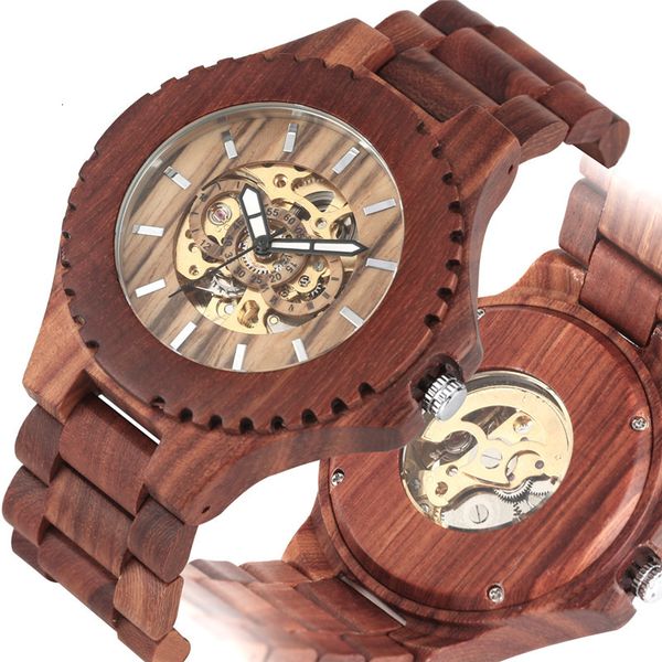 

handmade red sandalwood watch men automatic mechanical full wood bracelet tape casual skeleton poison, Slivery;brown