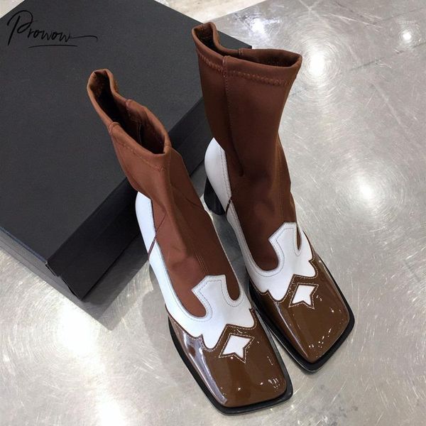

boots prowow fashion black brown genuine leather women ankle square toe slip on thick high heel autumn shoes woman1