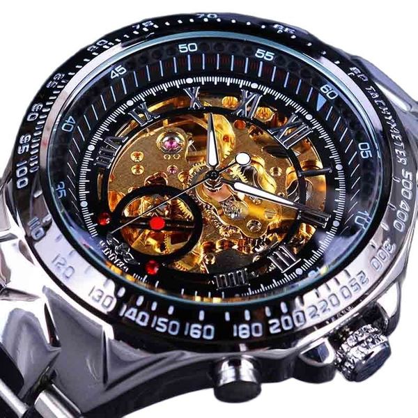

classic gold series moving steel mens skeleton man polshorlogie mechanical fire luxury fashion automatic watches, Slivery;brown