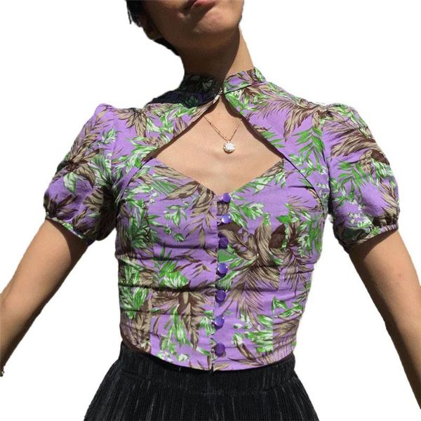 

summer clothes for women pastoral printing hollow out blouse slim crop sweet girl tender casual vintage streetwear women's t-shirt, White