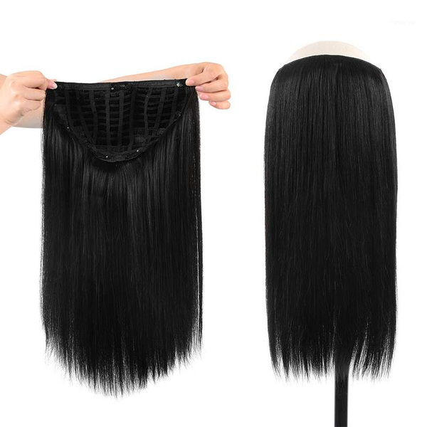 

8-24 inch half wig with clip in hair brazilian remy straight u part human 150% density pre plucked1, Black;brown