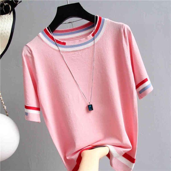 

women's sweaters striped hit the color thin summer women knitted elastic short sleeve woman clothes womens pullovers femme 0cav, White;black