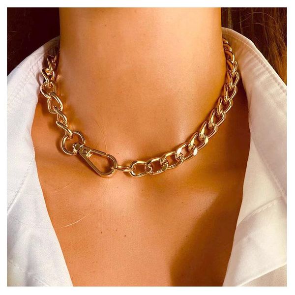 

chokers hahagirl gold color chunky cuban chain necklace wide curb link for women minimalist plain 2021 jewelry, Golden;silver