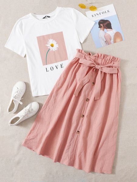 

letter and floral print & paperbag waist skirt set g4om#, White